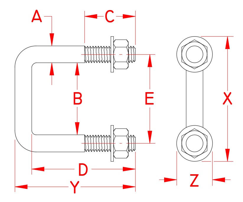 Stainless Steel Trailer U-Bolt, S0276-102X4, S0276-103X3, S0276-103X4, S0276-103X5, S0276-103X6, S0276-104X3, Line Drawing